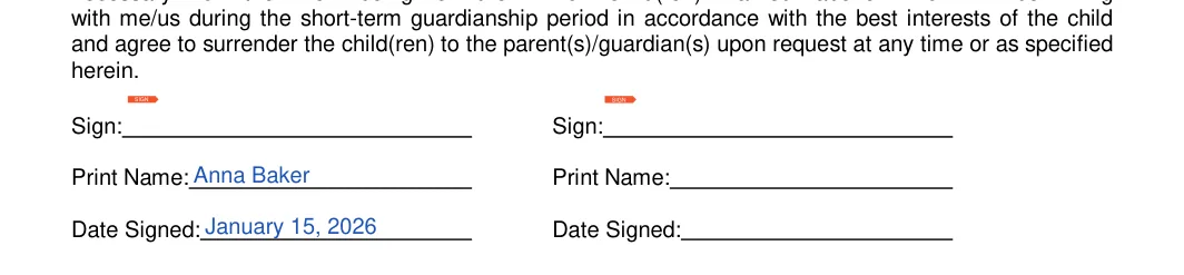 California California Minor Child Power of Attorney: Sign, Print name and more, filled with sample entries