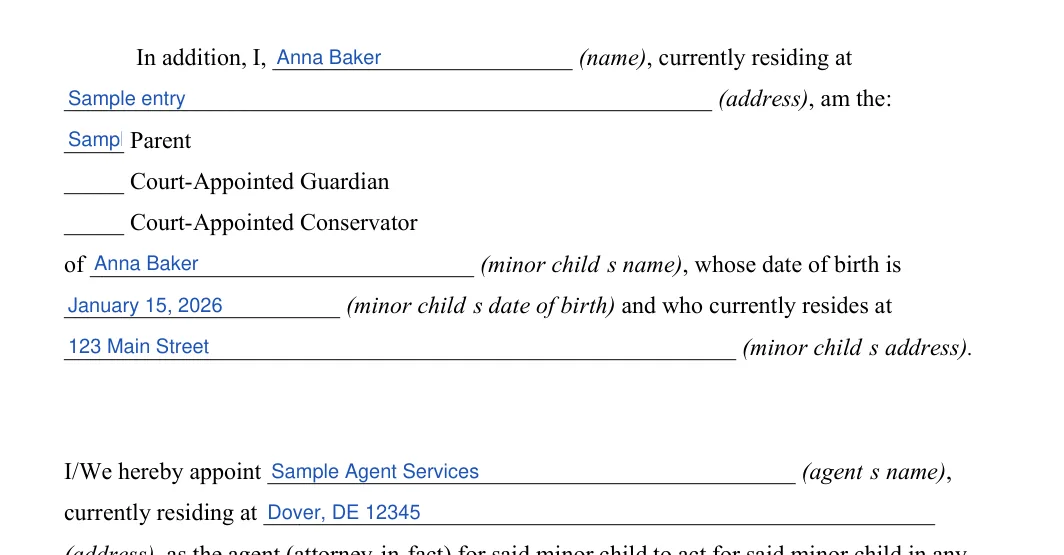 Delaware Delaware Minor Child Power of Attorney: Name, Currently residing at and more, filled with sample entries