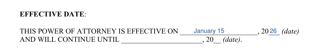 Iowa Iowa Minor Child Power of Attorney: EFFECTIVE DATE, filled with sample entries