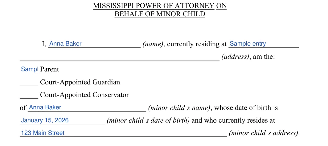 Mississippi Mississippi Minor Child Power of Attorney: BEHALF OF MINOR CHILD, filled with sample entries