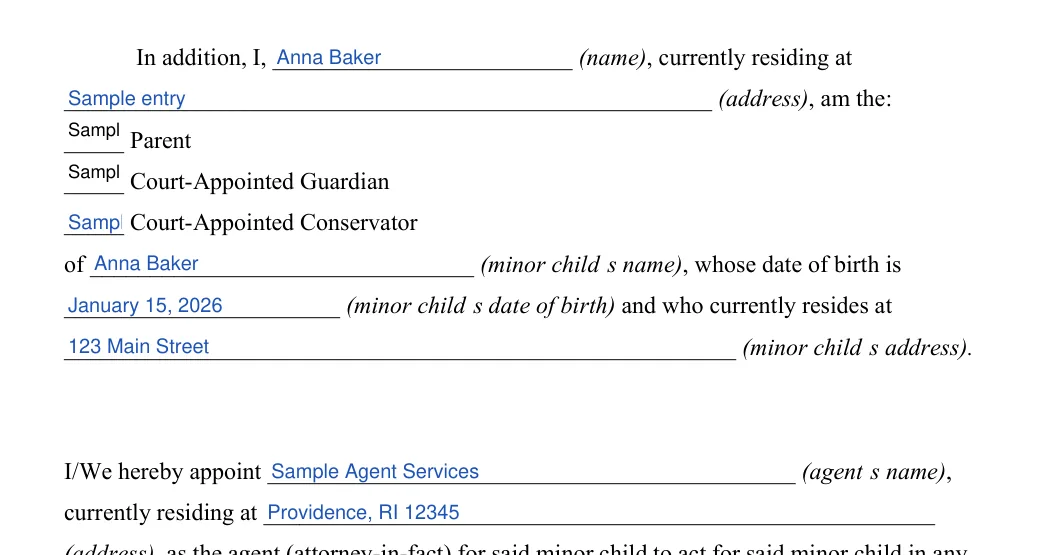 Rhode Island Minor Child Power of Attorney: Name, Currently residing at and more, filled with sample entries
