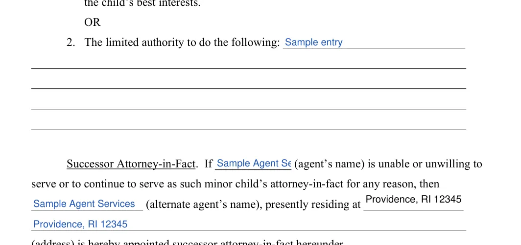 Rhode Island Minor Child Power of Attorney: Agent's name, Alternate agent’s name and more, filled with sample entries