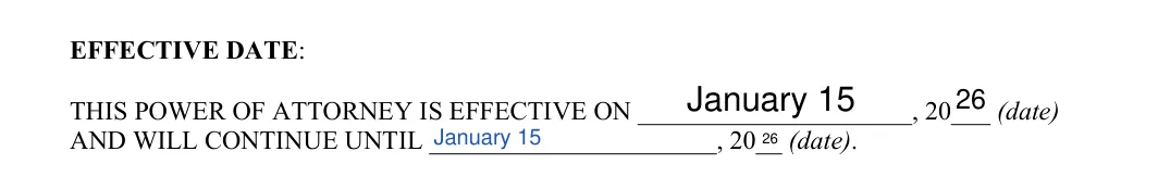 Rhode Island Minor Child Power of Attorney: EFFECTIVE DATE, filled with sample entries