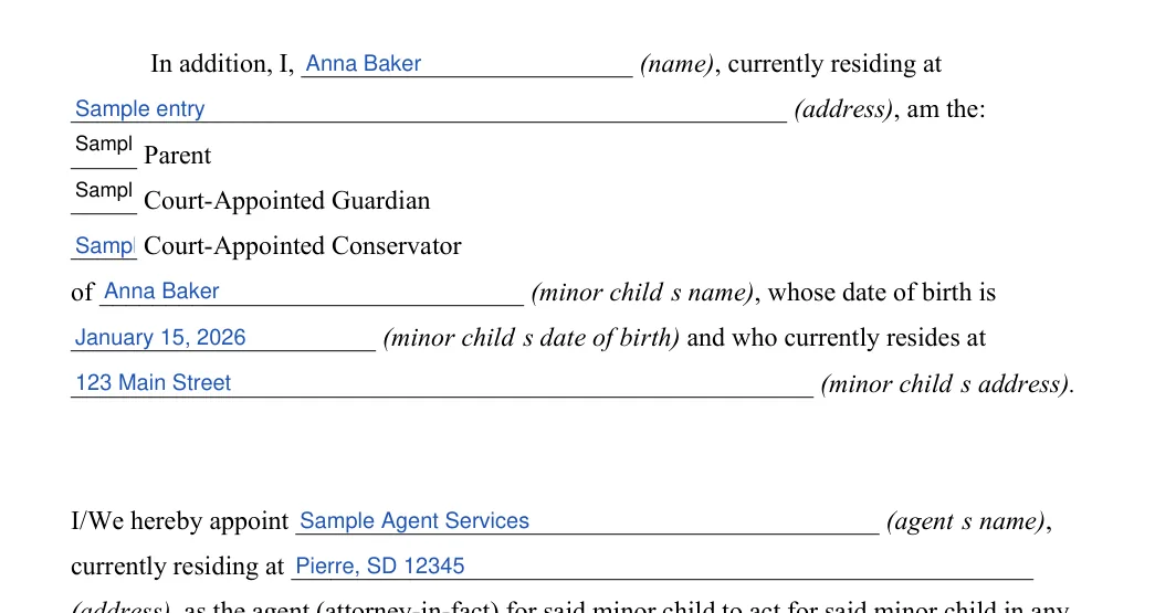 South Dakota Minor Child Power of Attorney: Name, Currently residing at and more, filled with sample entries