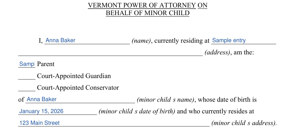 Vermont Vermont Minor Child Power of Attorney: BEHALF OF MINOR CHILD, filled with sample entries