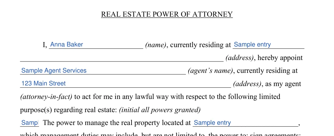 Real Estate Power of Attorney: REAL ESTATE POWER OF ATTORNEY, filled with sample entries