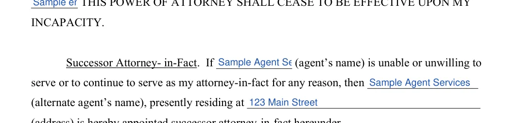 Real Estate Power of Attorney: INCAPACITY, filled with sample entries