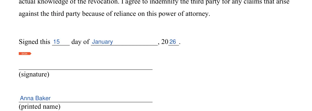 Real Estate Power of Attorney: Day, Month and more, filled with sample entries