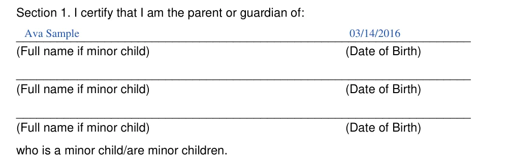 Alaska statutory power of attorney to delegate parental powers (AS 13.26.066(f)): Section 1: the minor child or children, filled with sample entries