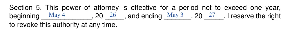 Alaska statutory power of attorney to delegate parental powers (AS 13.26.066(f)): Section 5: effective period, filled with sample entries