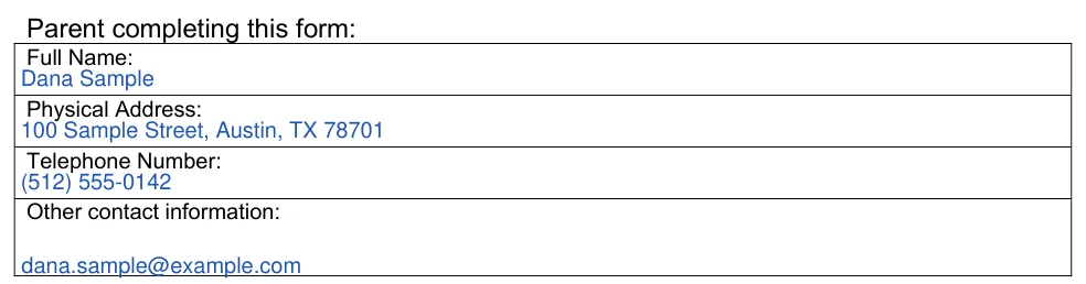 Texas Authorization Agreement for Voluntary Adult Caregiver (DFPS Form 2638): Parent completing this form, filled with sample entries