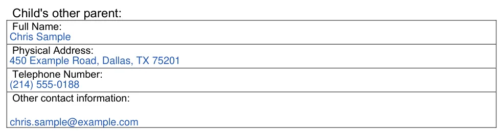 Texas Authorization Agreement for Voluntary Adult Caregiver (DFPS Form 2638): Child's other parent, filled with sample entries