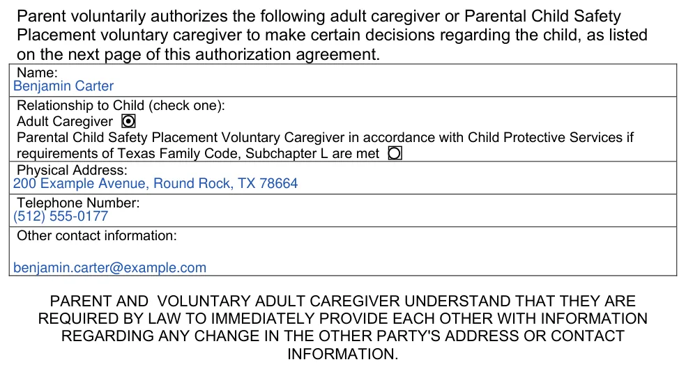 Texas Authorization Agreement for Voluntary Adult Caregiver (DFPS Form 2638): Adult caregiver: Name, Relationship to Child and contact details, filled with sample entries
