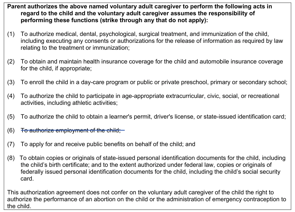 Texas Authorization Agreement for Voluntary Adult Caregiver (DFPS Form 2638): Acts the caregiver may perform (strike through any that do not apply), filled with sample entries