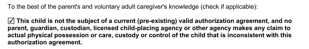 Texas Authorization Agreement for Voluntary Adult Caregiver (DFPS Form 2638): No current authorization agreement (check if applicable), filled with sample entries