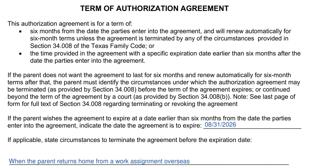 Texas Authorization Agreement for Voluntary Adult Caregiver (DFPS Form 2638): Term of Authorization Agreement, filled with sample entries