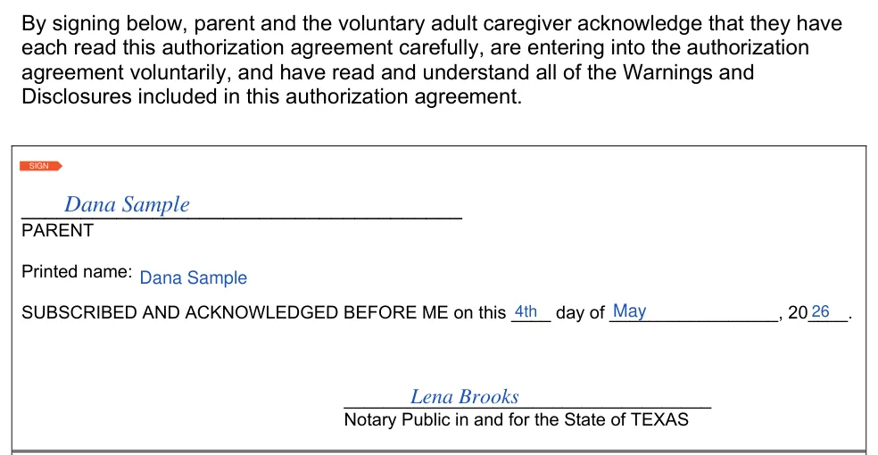 Texas Authorization Agreement for Voluntary Adult Caregiver (DFPS Form 2638): PARENT signature, printed name and notary, filled with sample entries
