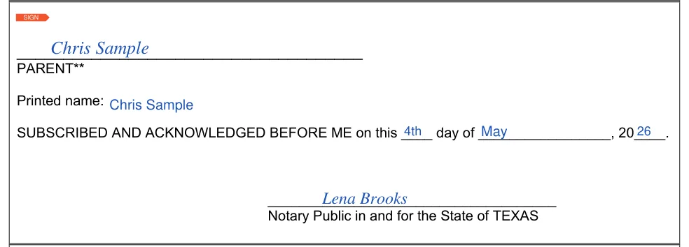 Texas Authorization Agreement for Voluntary Adult Caregiver (DFPS Form 2638): PARENT** signature, printed name and notary, filled with sample entries