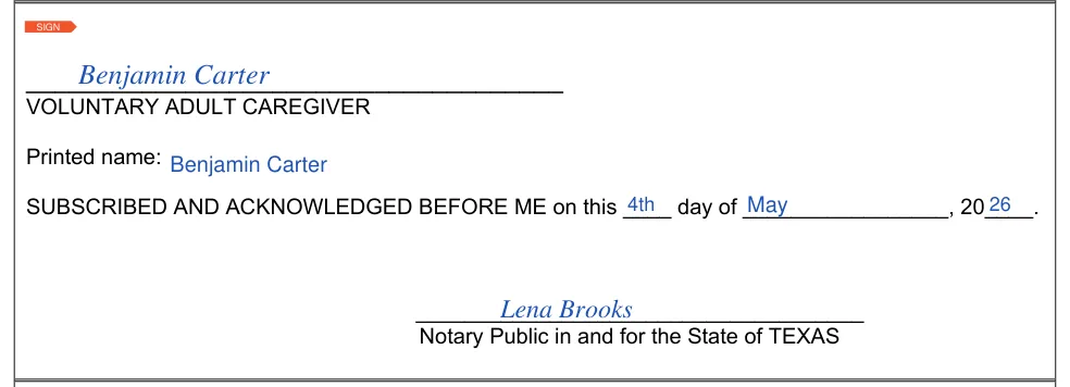 Texas Authorization Agreement for Voluntary Adult Caregiver (DFPS Form 2638): VOLUNTARY ADULT CAREGIVER signature, printed name and notary, filled with sample entries
