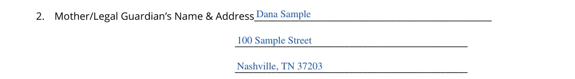 Tennessee Power of Attorney for Care of a Minor Child (DCS form CS-0817): 2. Mother/Legal Guardian's Name and Address, filled with sample entries