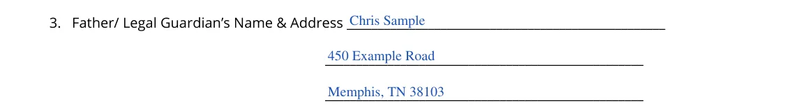 Tennessee Power of Attorney for Care of a Minor Child (DCS form CS-0817): 3. Father/Legal Guardian's Name and Address, filled with sample entries