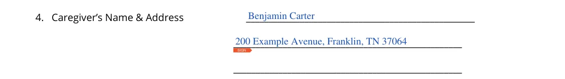 Tennessee Power of Attorney for Care of a Minor Child (DCS form CS-0817): 4. Caregiver's Name and Address, filled with sample entries