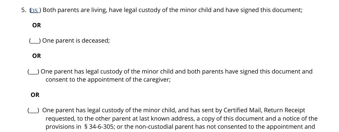 Tennessee Power of Attorney for Care of a Minor Child (DCS form CS-0817): 5. Parents, custody and consent (mark one), filled with sample entries