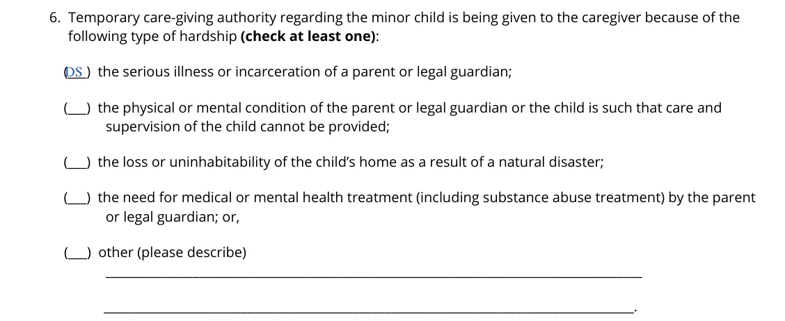 Tennessee Power of Attorney for Care of a Minor Child (DCS form CS-0817): 6. Type of hardship (check at least one), filled with sample entries