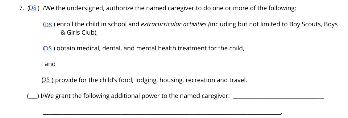 Tennessee Power of Attorney for Care of a Minor Child (DCS form CS-0817): 7. Authority given to the caregiver, filled with sample entries