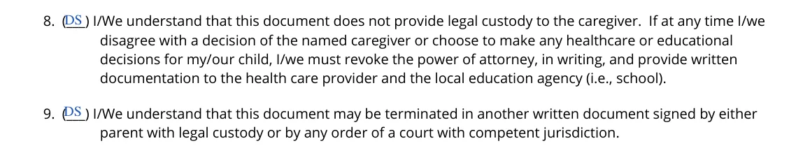 Tennessee Power of Attorney for Care of a Minor Child (DCS form CS-0817): 8. and 9. Legal custody, revocation and termination, filled with sample entries