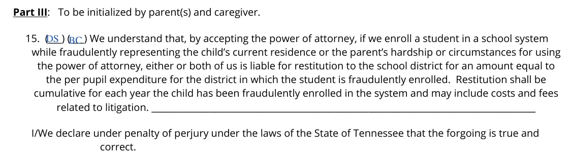 Tennessee Power of Attorney for Care of a Minor Child (DCS form CS-0817): Part III, 15. Parents' and caregiver's initials and declaration, filled with sample entries