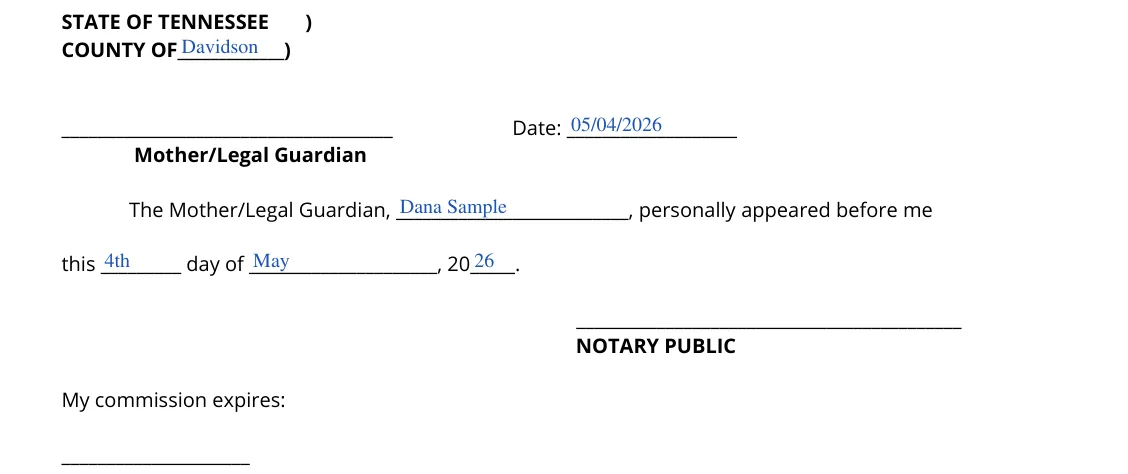 Tennessee Power of Attorney for Care of a Minor Child (DCS form CS-0817): Mother/Legal Guardian signature and notary block, filled with sample entries