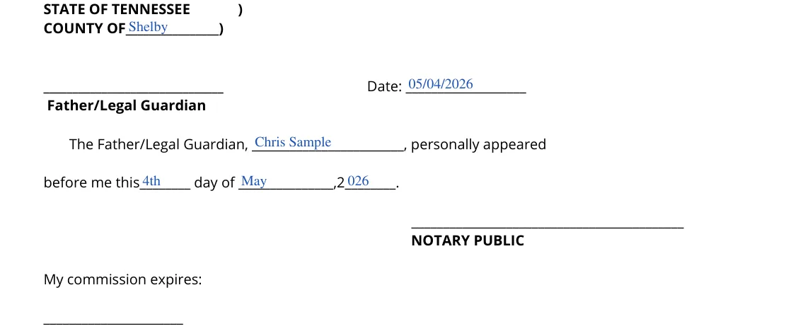 Tennessee Power of Attorney for Care of a Minor Child (DCS form CS-0817): Father/Legal Guardian signature and notary block, filled with sample entries
