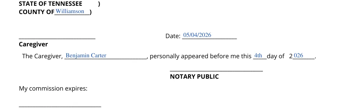 Tennessee Power of Attorney for Care of a Minor Child (DCS form CS-0817): Caregiver signature and notary block, filled with sample entries