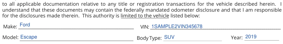 Tennessee Form RV-F1311401 Power of Attorney for Vehicle Transactions: Make, VIN, Model, Body Type and Year, filled with sample entries