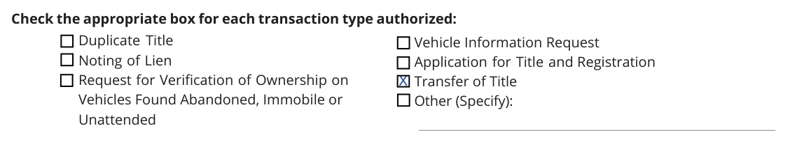 Tennessee Form RV-F1311401 Power of Attorney for Vehicle Transactions: Check the appropriate box for each transaction type authorized, filled with sample entries