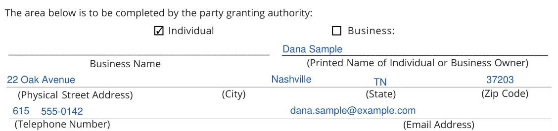 Tennessee Form RV-F1311401 Power of Attorney for Vehicle Transactions: The area completed by the party granting authority, filled with sample entries