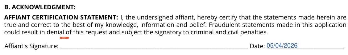 Tennessee Form RV-F1311401 Power of Attorney for Vehicle Transactions: B. Acknowledgment: Affiant Certification Statement and signature, filled with sample entries