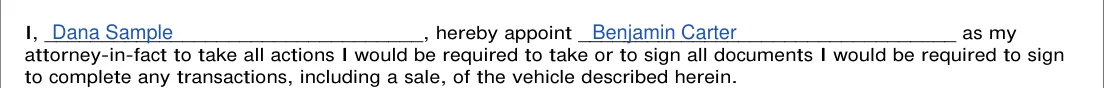 New Mexico Form MVD-11020 Limited Durable Power of Attorney: I, hereby appoint, as my attorney-in-fact, filled with sample entries