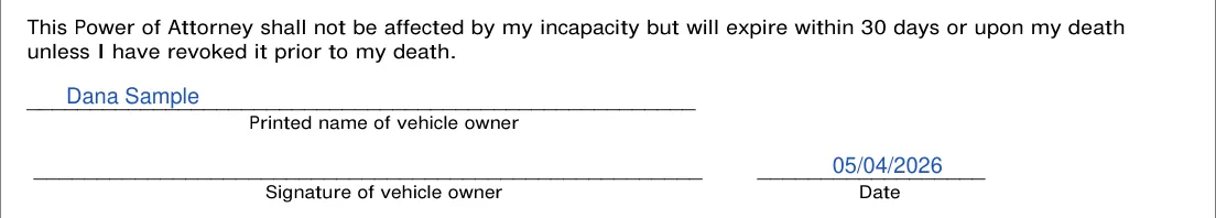 New Mexico Form MVD-11020 Limited Durable Power of Attorney: Printed name, signature and date of the vehicle owner, filled with sample entries