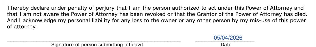 New Mexico Form MVD-11020 Limited Durable Power of Attorney: Declaration and signature of the person submitting the affidavit, filled with sample entries