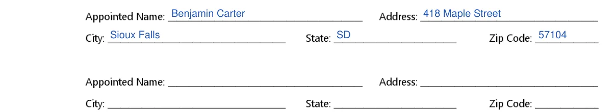 South Dakota MVD Form 1023 Power of Attorney: C. Appointed Name, Address, City, State and Zip Code, filled with sample entries