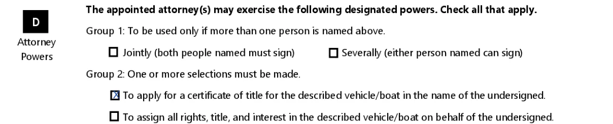 South Dakota MVD Form 1023 Power of Attorney: D. Attorney Powers, filled with sample entries