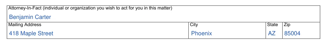 Arizona ADOT Form 48-1001 Power of Attorney: Attorney-In-Fact and mailing address, filled with sample entries