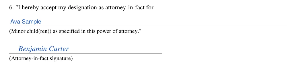 Oklahoma statutory power of attorney to delegate parental or legal custodian powers (10 O.S. 701): 6. Attorney-in-fact acceptance and signature, filled with sample entries