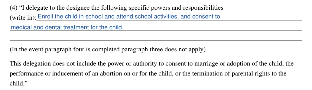 West Virginia statutory power of attorney to delegate parental or legal custodian powers (W. Va. Code 49-8-4): (4) Specific powers and responsibilities (write in), filled with sample entries