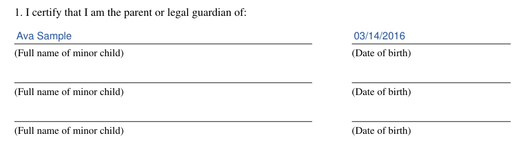 Kentucky statutory power of attorney for temporary delegation of parental or legal custody and care (KRS 403.353): Section 1: the minor child or children, filled with sample entries