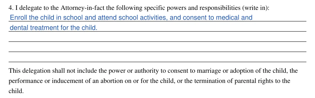 Kentucky statutory power of attorney for temporary delegation of parental or legal custody and care (KRS 403.353): Section 4: specific powers (write in), filled with sample entries