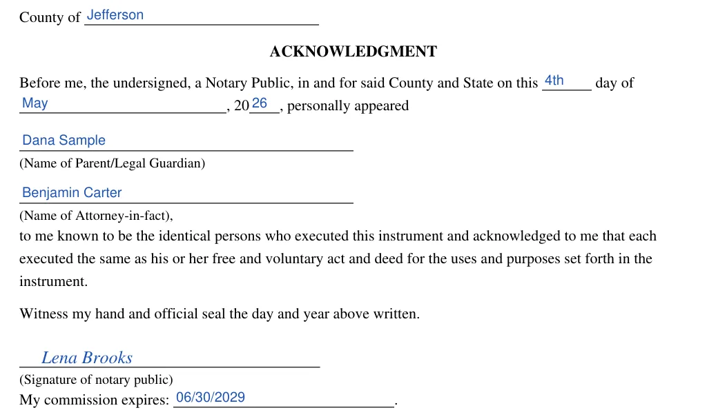 Kentucky statutory power of attorney for temporary delegation of parental or legal custody and care (KRS 403.353): County of and ACKNOWLEDGMENT, filled with sample entries