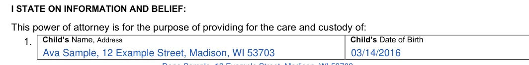 Wisconsin power of attorney delegating parental power (court form GF-223): 1. Child's Name, Address and Date of Birth, filled with sample entries